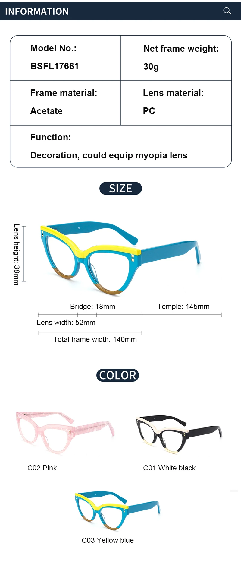 Eye Cat Optical Frames Beauty Eyewear Acetate Eye Glasses Women Full Rim Myopia Prescription Eyeglasses Anti Blue Spectacles