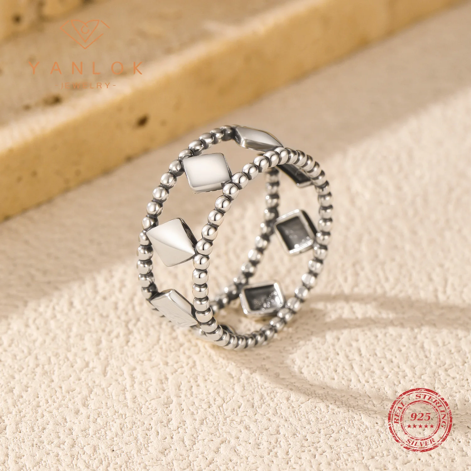 YANLOK 925 Sterling Silver Retro Hollow Stacking Rings Exquisite Rhombic Beaded Finger Rings For Women Fine Jewelry
