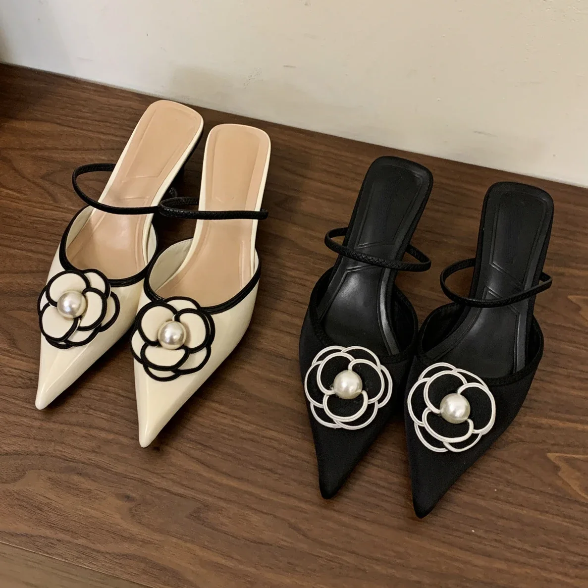 Luxury Pointed Toe Heels Designer Flower Sandals Female Elegant Fashion Shallow Mule Slippers Shoes Women's Sandals Summer 2024