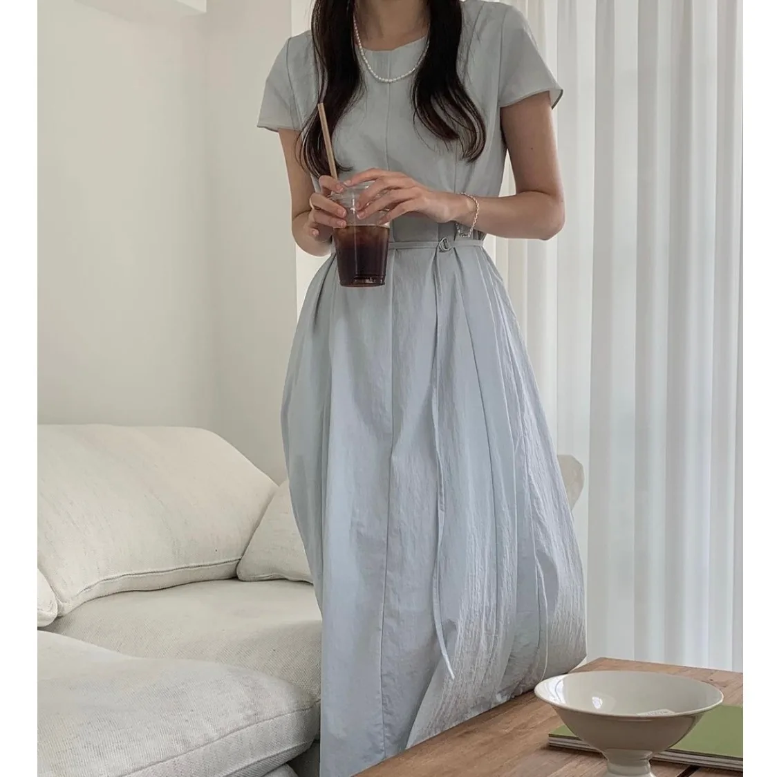 Verano Chic Simple coreano Sle mujer Dr Cool Feeling redondo Ne cinturón cintura adelgazante falda larga viaje Regular fino