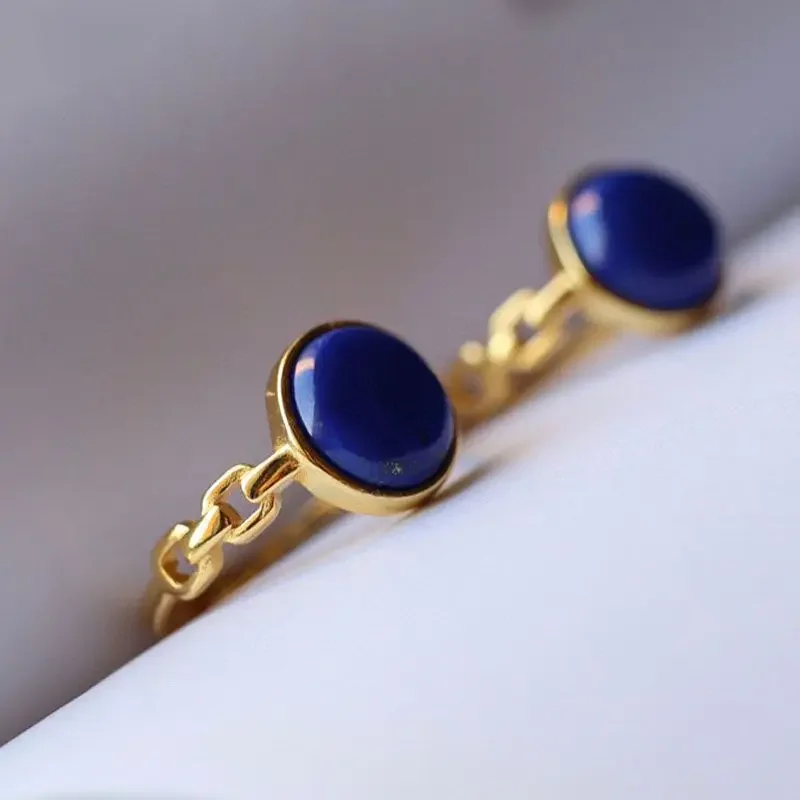 Vintage court style lapis lazuli rings for women elegant light luxury ancient gold crafts chain design engagement ring jewelry