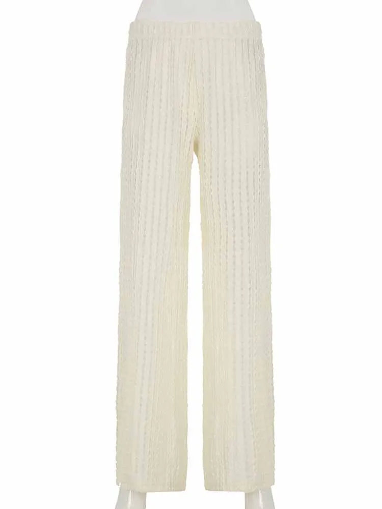 BKQU Knitted Hollow Out Casual Pants Women Solid Color Basic Loose Wide Leg Trousers y2k Aesthetic Chic Holiday Beachwear Pants