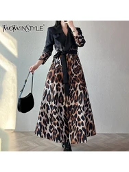 TWOTWINSTYLE Hit Color Leopard Printting Streetwear Midi Dress For Women Notched Collar Long Sleeve Spliced Sashes Dress Femal