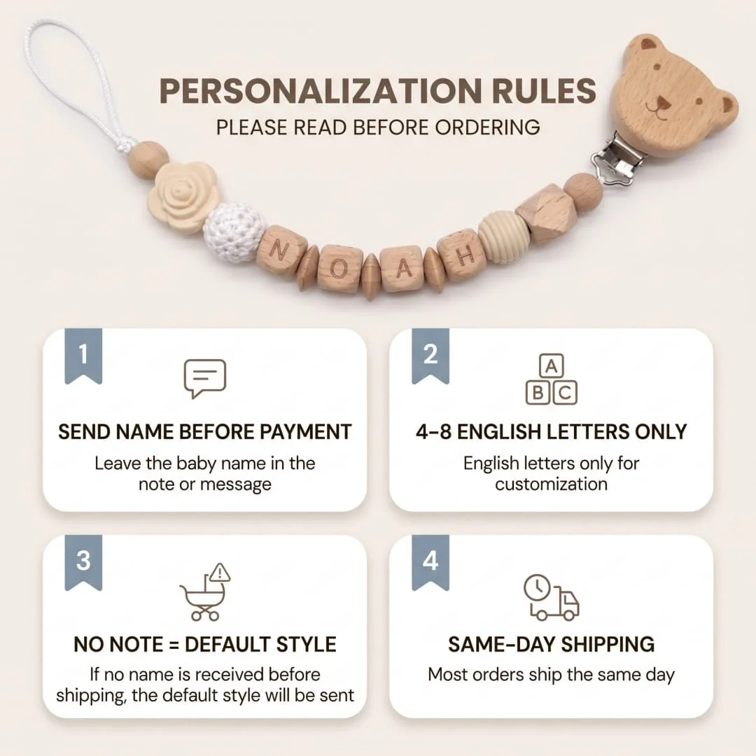 Custom Name Pacifier Clip Wooden Bear Clip Beige Flower Silicone Beads Crochet Ball Baby Dummy Chain Soother Holder Gift