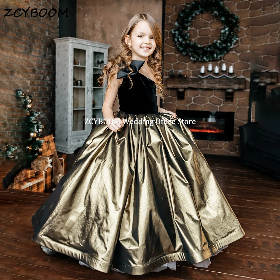 Luxo Gold One Shoulder Ball Gown para meninas, sem mangas, Flower Girl Dresses, Princess Birthday Party, First Communion Gowns, 2023