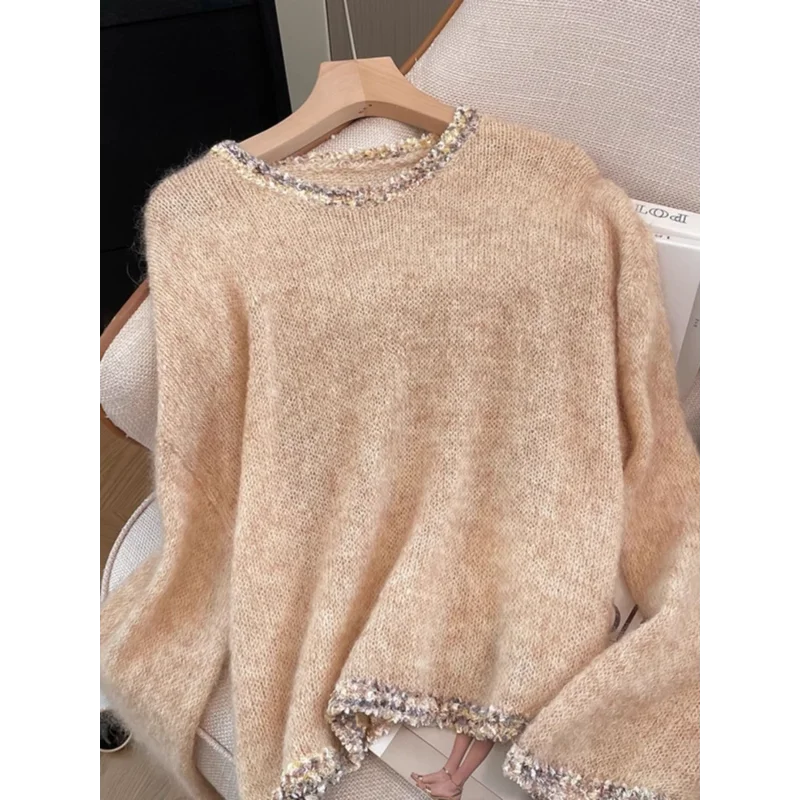 Suéter de malha coreano solto casual patchwork de manga comprida com um senso de design de suéter temperamento combinado para agasalhos