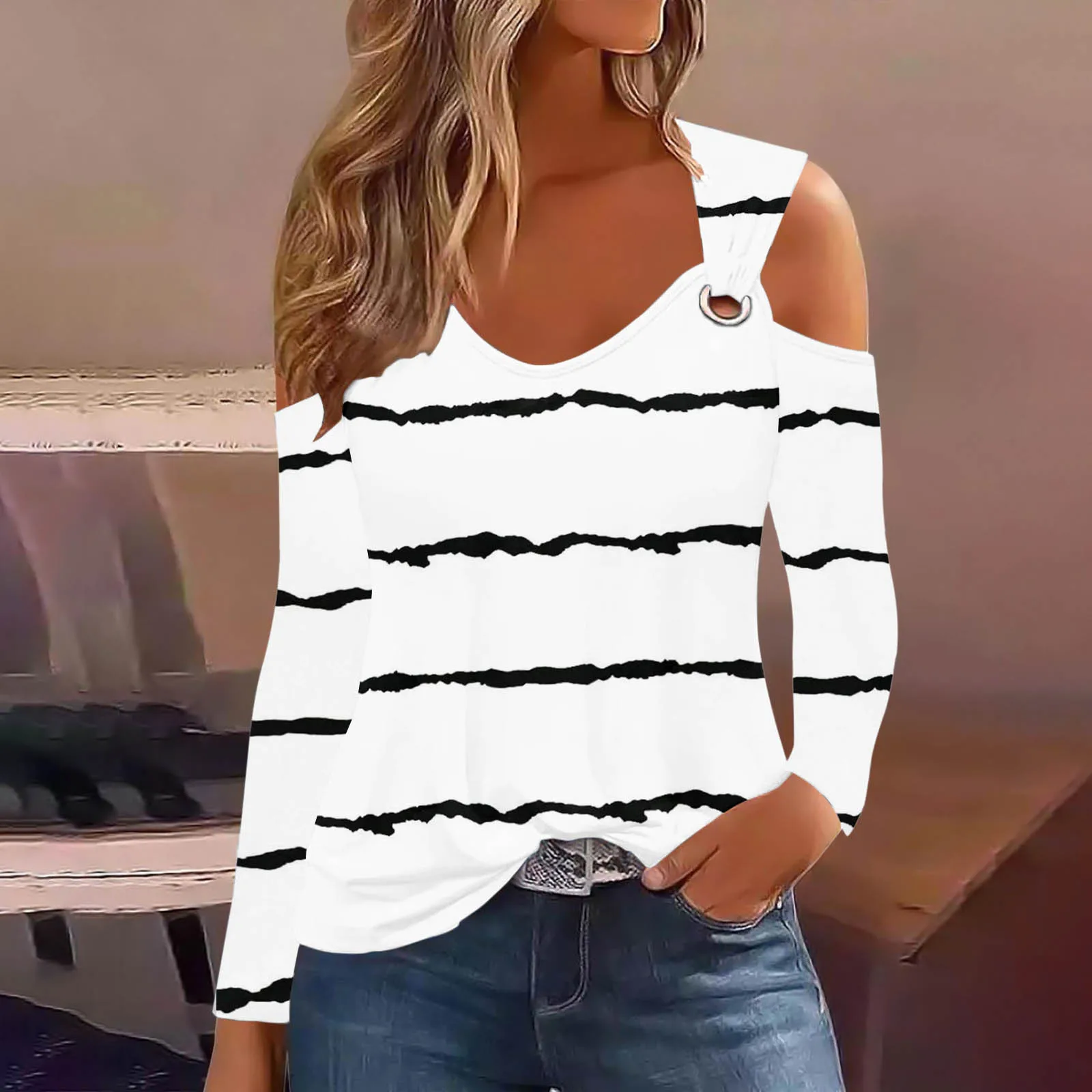 2024 Jesienna koszulka z długim rękawem dla kobiet Casual Hollow Out Tshirt Damskie topy z nadrukiem w paski Sexy Off Shoulder T Shirt Top Femme