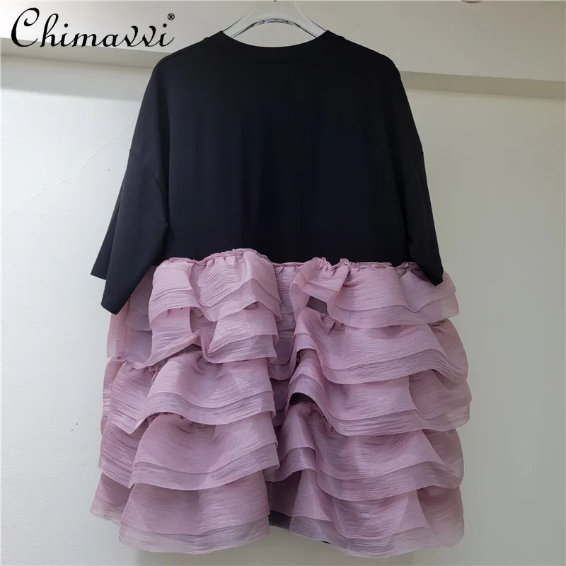 Mode Korte Mouwen Jurk Vrouwen 2023 Zomer Kleding Nieuwe Zoete En Cool Girl Mesh Stiksels Ruche Rand T-shirt jurken