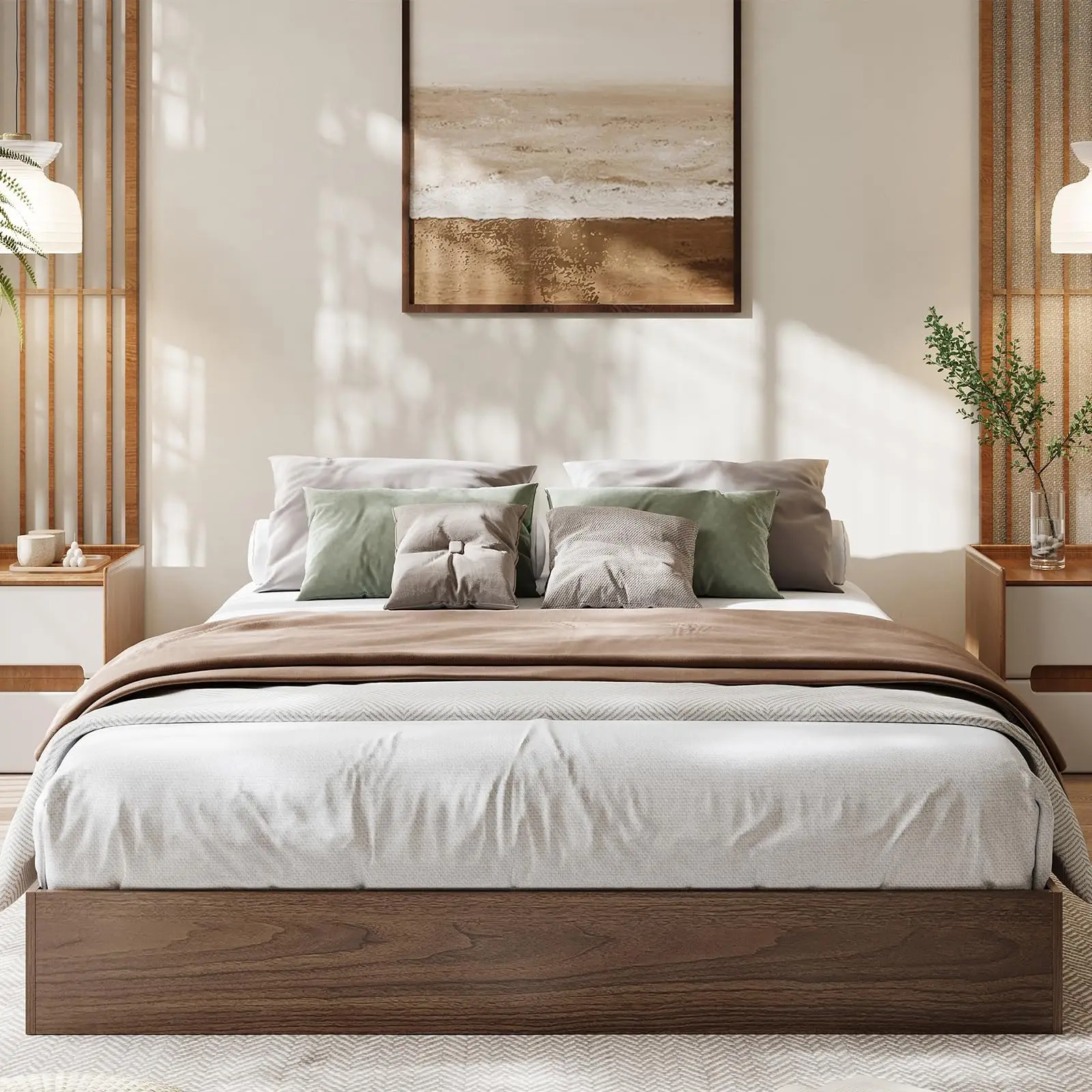 Queen Bed Frame, Wood Platform Bed with Sturdy Wooden Slats, Modern Minimalist Design, No Box Spring Needed, Easy Assembly, Walnut