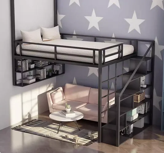 

Elevated bed, upper bunk, lower table, bookshelf combination, loft, duplex two-story small apartment, energy-saving hanging bed