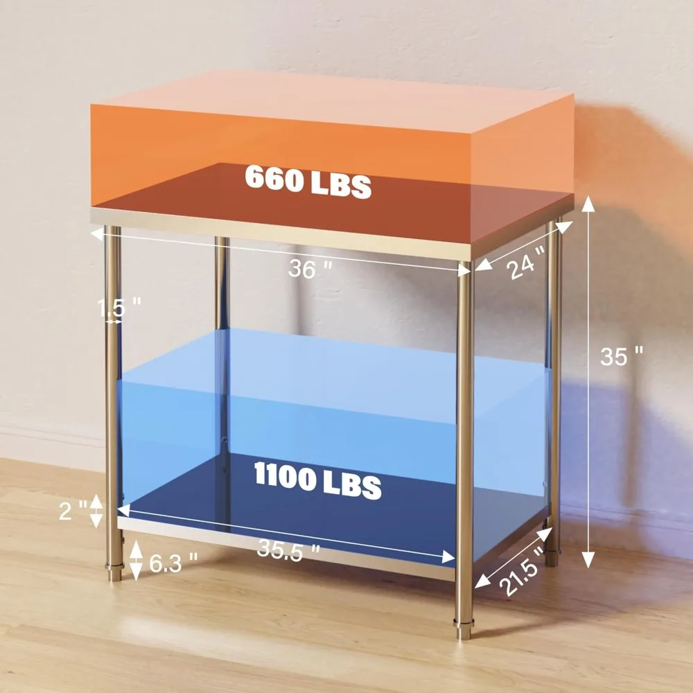 36x24 Inch Stainless Steel Work Table for Kitchen Commercial Use, 0.7mm 201 SS Right Angle Edge Utility Table with Fixed Legs