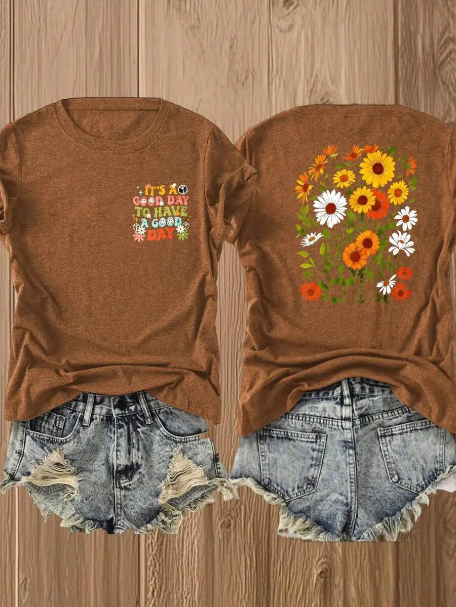 

Womens Double-Sided Floral Slogan Graphic Tee, Loose Cotton Blend Summer T-Shirt