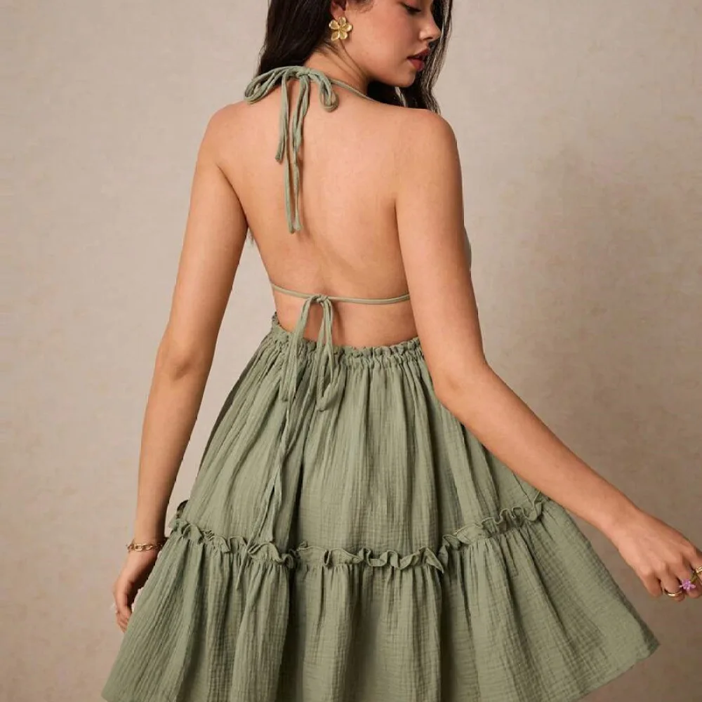 Elegant Women Sexy Ruffle Pleated Mini Dress Backless Sleeveless Bodycon Slim Fit Summer Fashion Casual Party Club Dresses