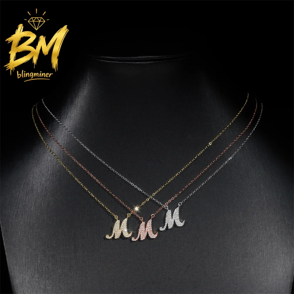 Blingminer S925 Silver Letter M VVS Moissanite Iced Out Pendant Necklaces For Women  Jewelry Pass Diamonds Tester GRA Free Shipp