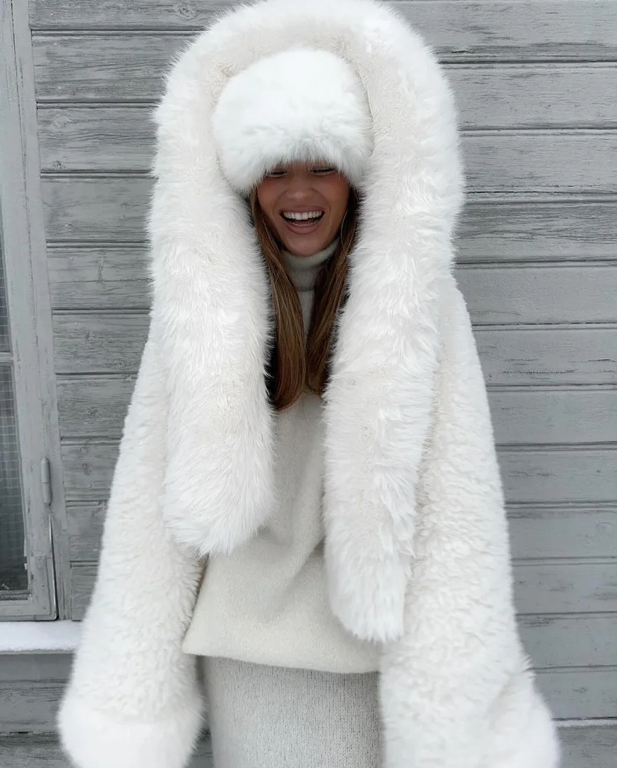 

Autumn Winter New Fashion Women's Thicken Solid Color Loose Elegant Long Sleeve Hooded Faux Fur Jackets Female Clothes Coats