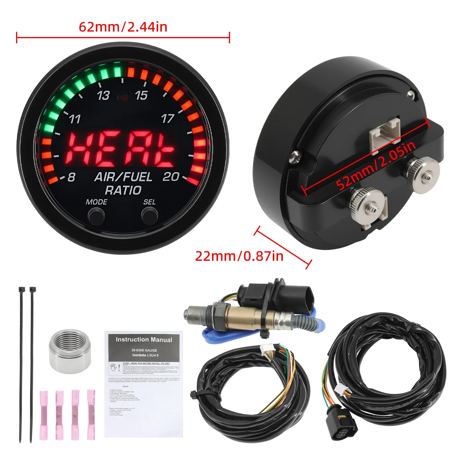 AD 52MM Air Fuel Ratio Gauge Kit 0258017025 Wideband Oxygen Sensor AFR Sensor Controller Gauge 30-0300 X-Series O2 Air Fuel