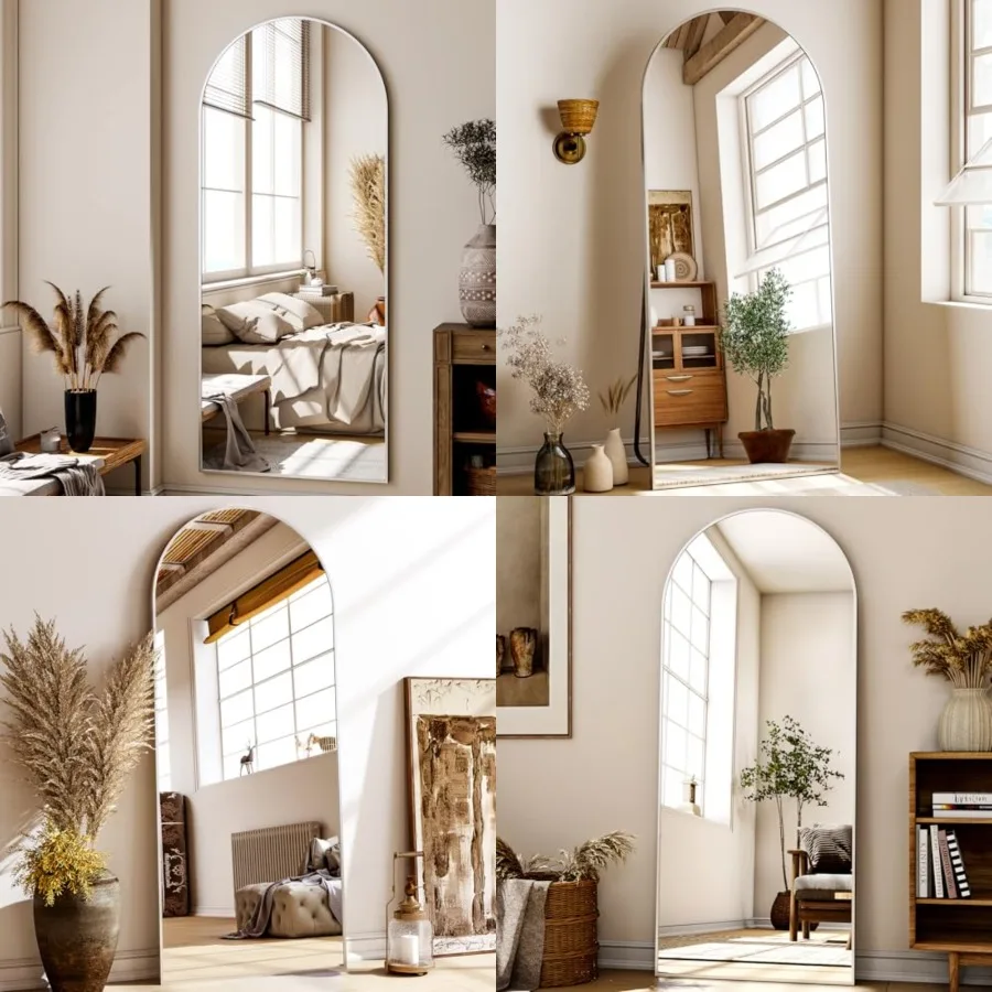 

56"x21" Floor Full Length Mirror Standing Full Body Rounded Corner Rectangle Mirrors with Stand Hanging Wall Mounted Leaning Bedroom Living Room Bedroom Cloakroom