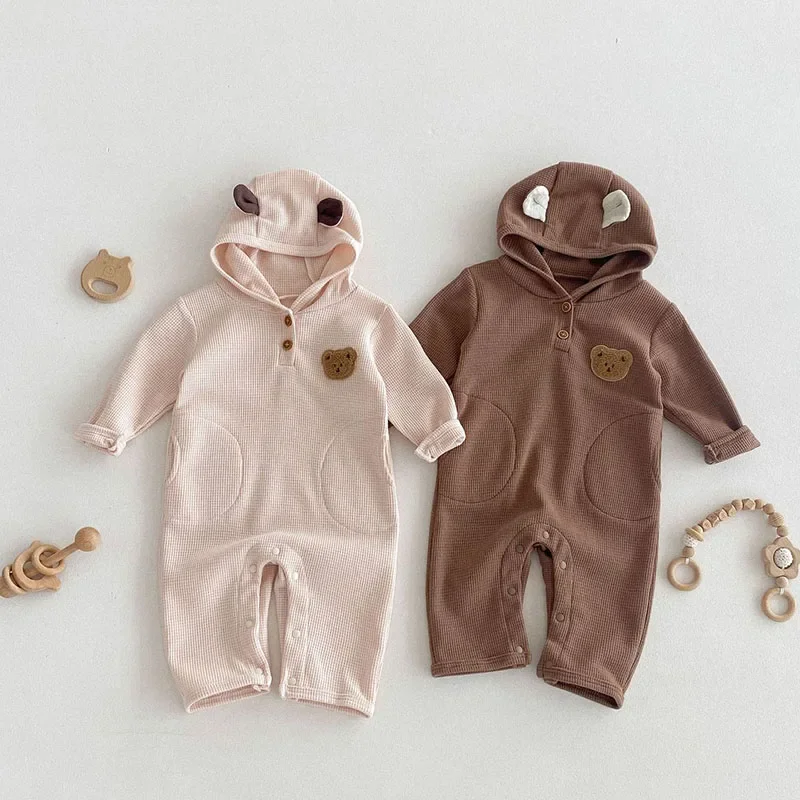 MILANCELNewborn Baby Clothes Waffle Jumpsuit 2024 Autumn Cartoon Bear Solid Girl\'s Rompers Boy\'s Hooded One Piece Clothing