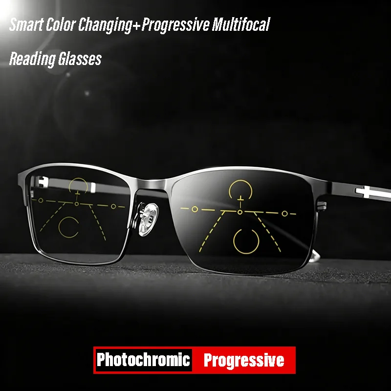 Photochrome progressive multifokale Lesebrille für Herren, Anti-Blaulicht-Brille, Komfort, flexible Bügel, Hyperopie- und Presbyopie-Brille