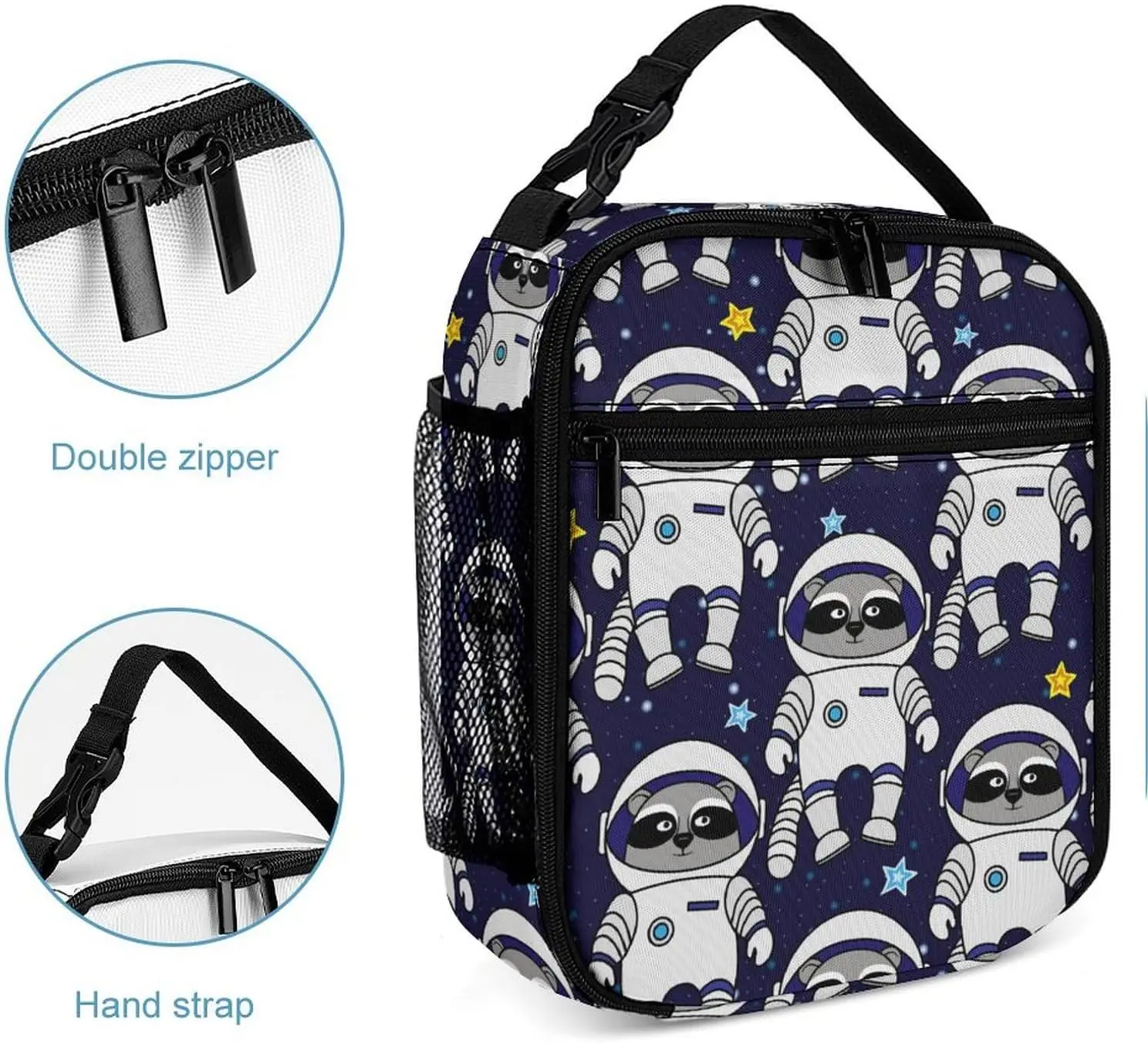 Funny Cartoon Space Raccoon Astronaut Lunch Bag Insulated Portable Reusable Lunch Box, Large Capacity Tote Bag with