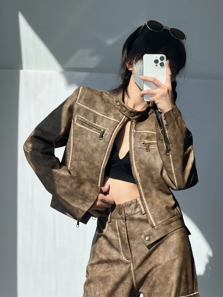 

Retro Brown Leather Jaet Women's ort Zipper Motorcycle Coat Street Sle Autumn Winter Slim Fit oulder Padded Coat