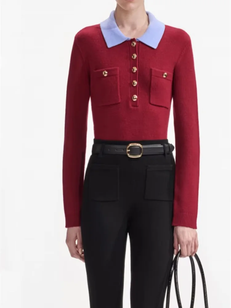 Haut de gamme Version européenne Sle automne hiver haut tricoté Long Sve col rabattu couleur Blo coupe ajustée Faionable irt