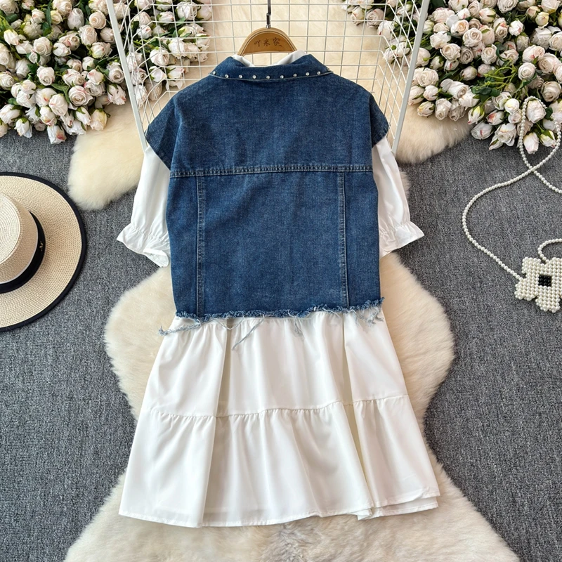 2024 Summer New Fashionable Vintage Blouse Cowboy Vest Jacket Solid Color Dress Lady Style Age Reducing Two Piece Set