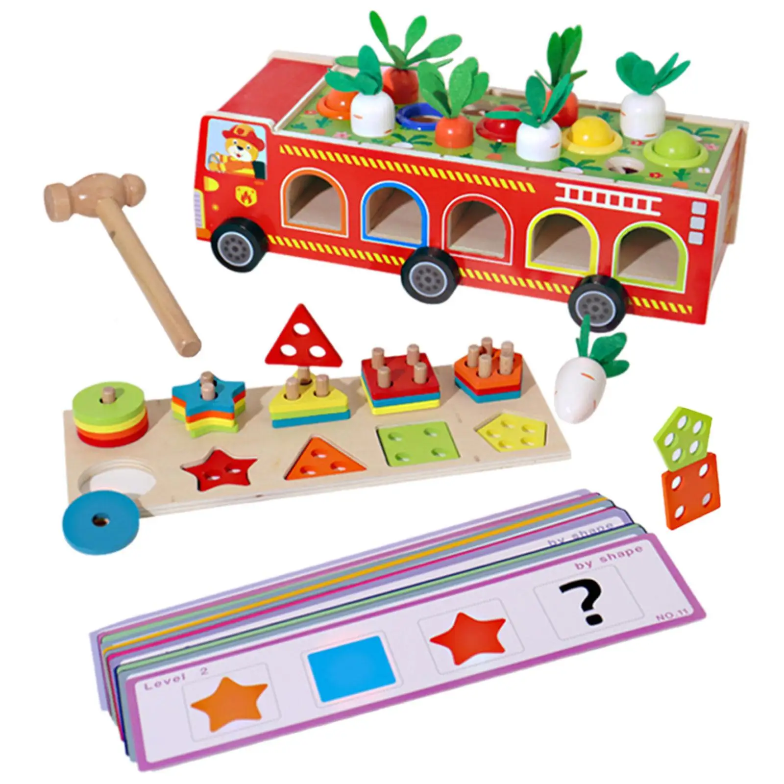 Wooden Fire Truck Montessori Busy Board Toy Shape Color Recognition Learning Activity for Preschool Kids