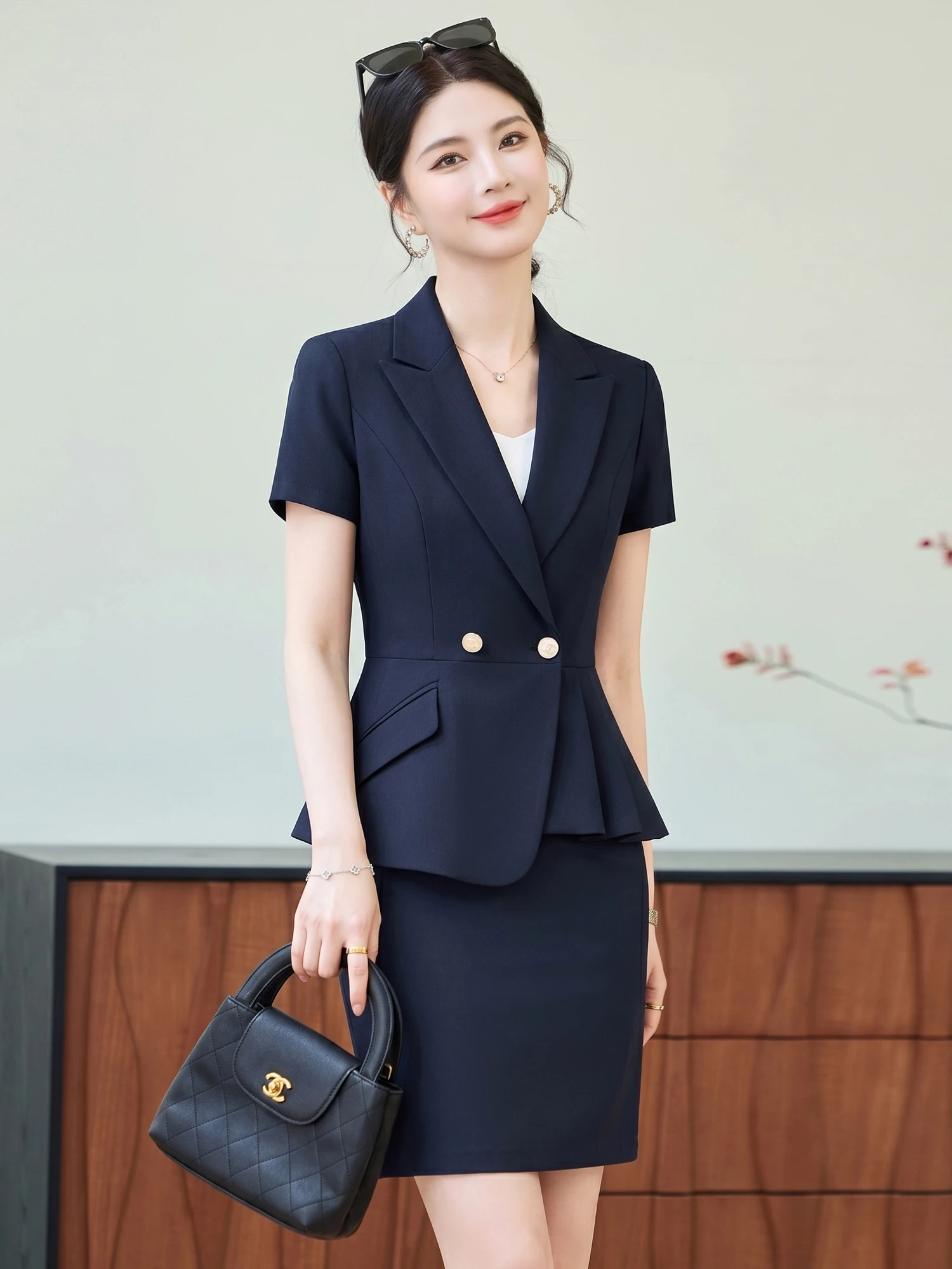 Blue Professional Suit Set Women's Summer New Hotel Front Desk Uniform Sales Office Manager Workwear Short Sleeve Polyester