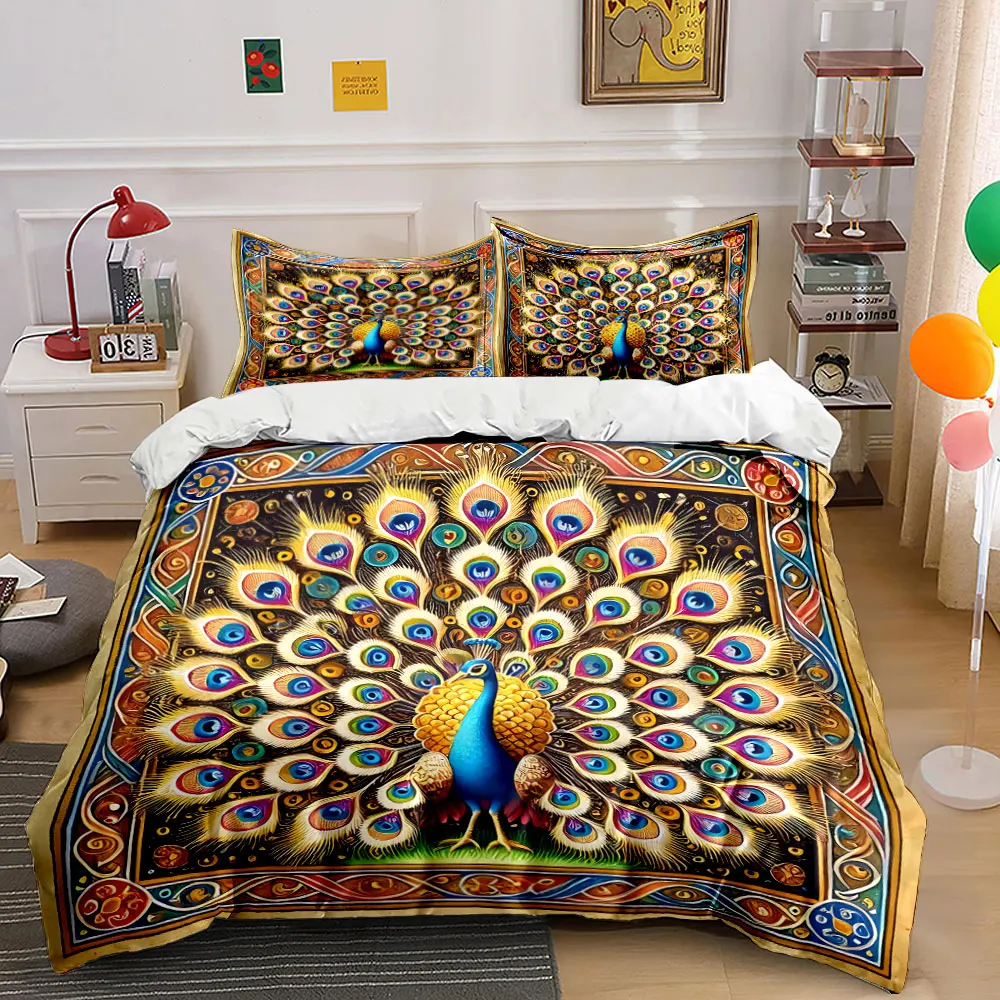 Ornate Peacock Spreading Feathers Artwork Pattern Duvet Cover Set Digital Print Colorful Polyester Bedding with Zipper Closur