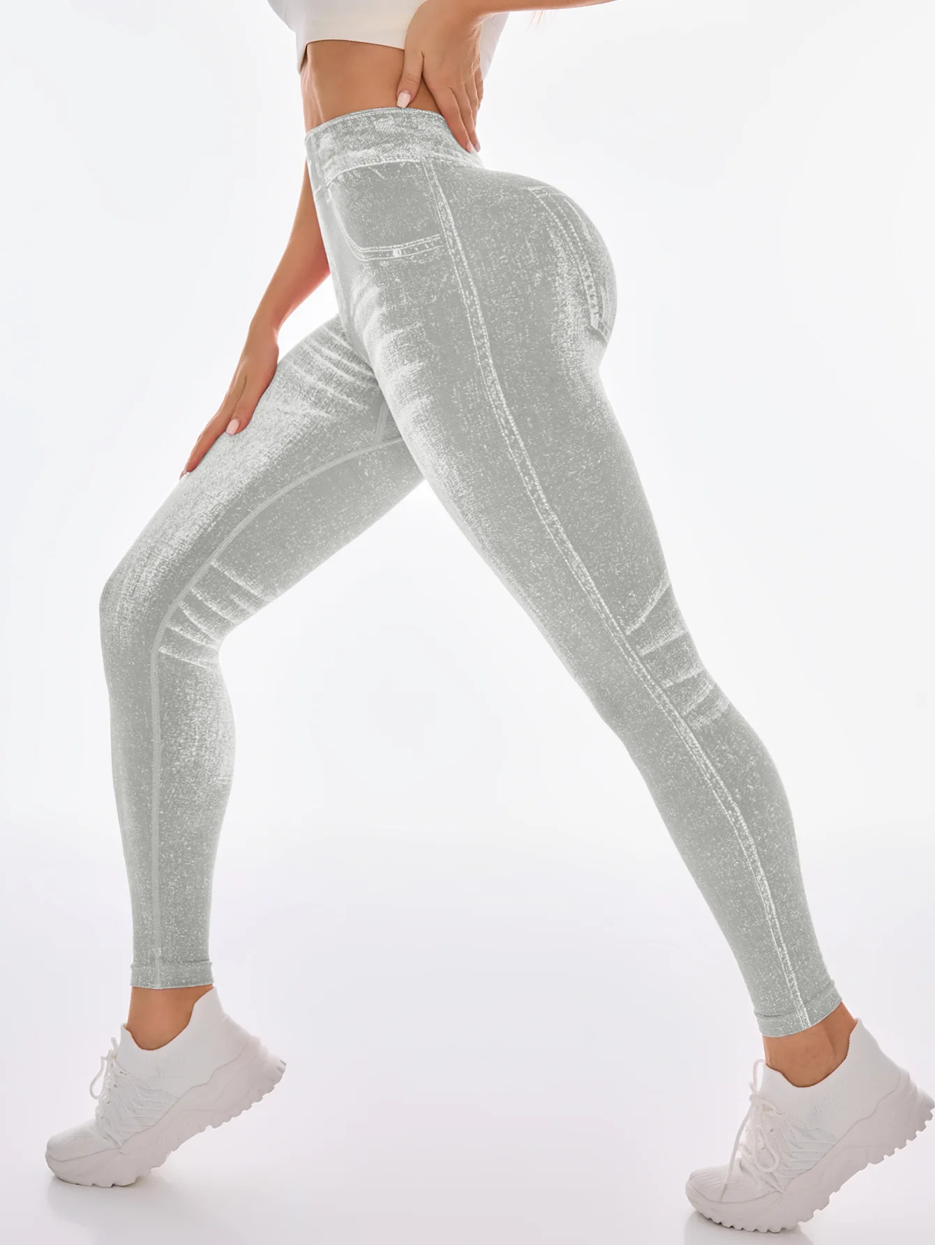 Damen Gym Bedruckte Yoga-Leggings Nahtlose Hochtaillierte Denim-ähnliche Perforierte Hosen mit Fake-Taschen Yoga Fitness Leggings – Detail 13