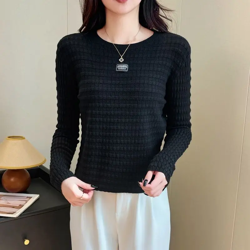 

Women's 2024 Autumn Winter New Splicing Pullovers O-Neck Block Fashion Solid Loose Minimalist Casual Long Sleeve Knitted Top