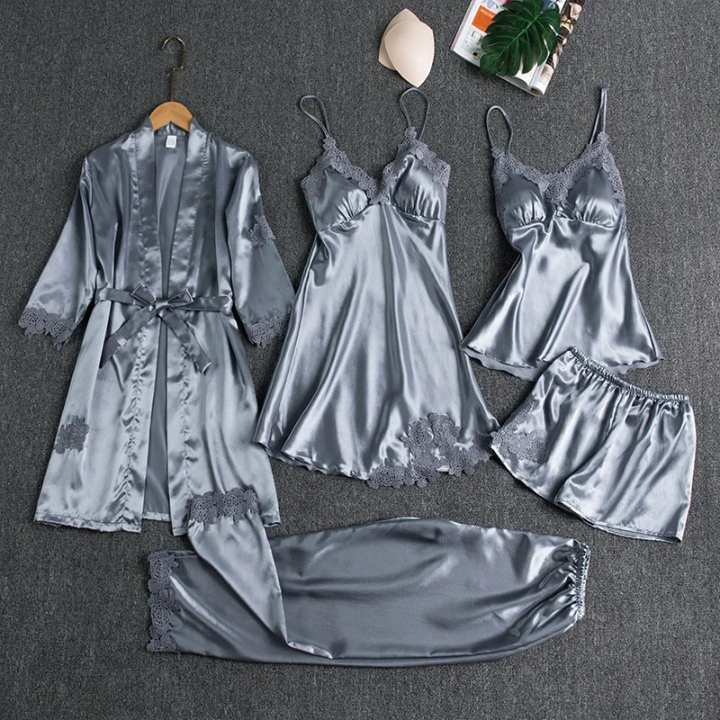 5PCS Women's Ice Silk Sexy Pajama Set Breathable Lace Satin Pajama Bathrobe Five Piece Set Casual Home Clothes Spring and Summer 5