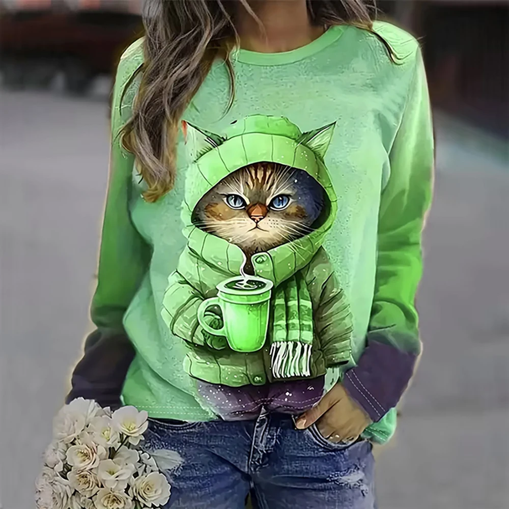 

Women's Cute 3D Printed Vintage Christmas Cat Graphic Crew Neck Pull On Sweatshirt Casual Long Sleeve Unisex Tops Streetwear