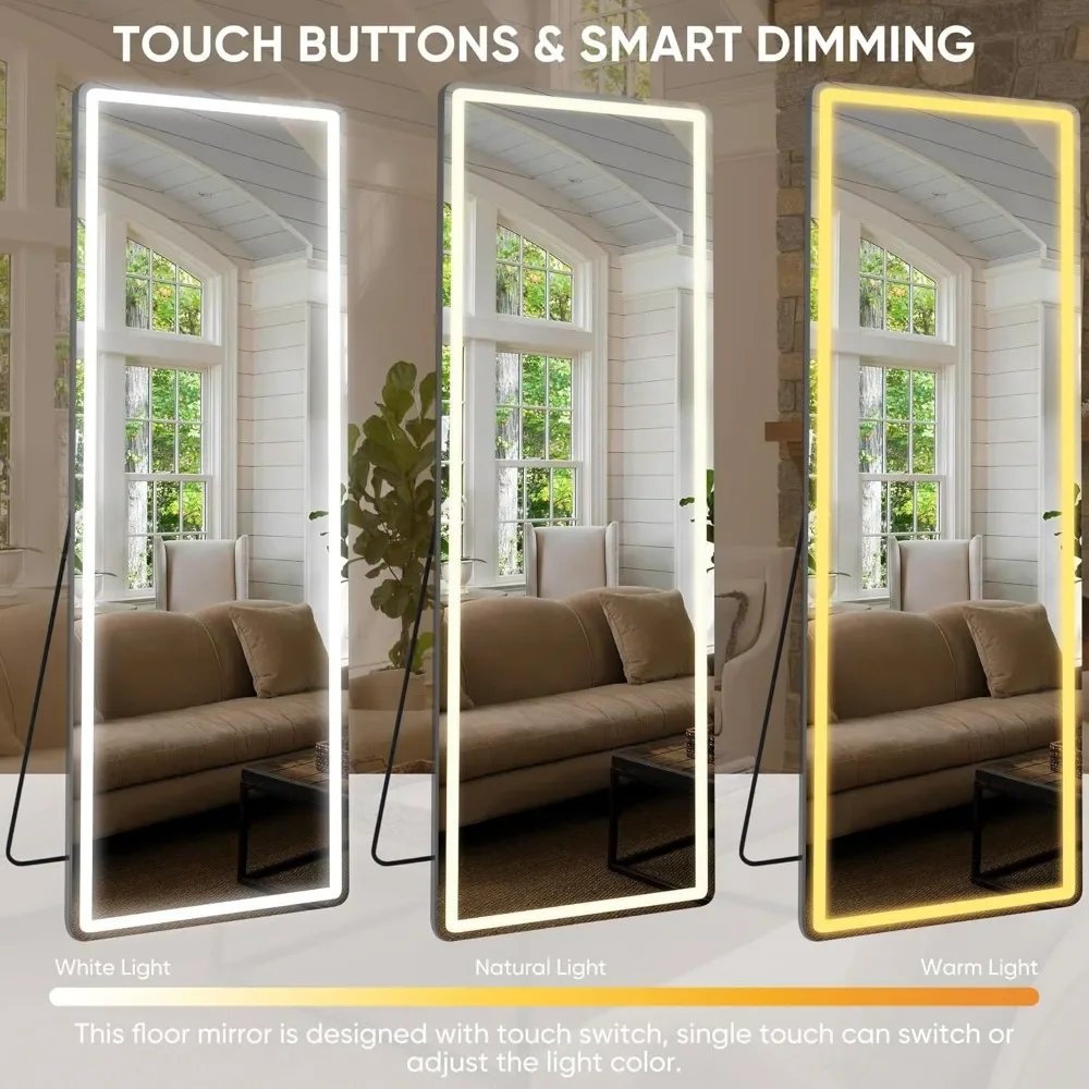 Led Verlichte Vloer Spiegel Over De Volledige Lengte Spiegel Met Licht, Dimbaar & 3 Kleurmodi Led Opknoping Spiegel Voor Slaapkamer
