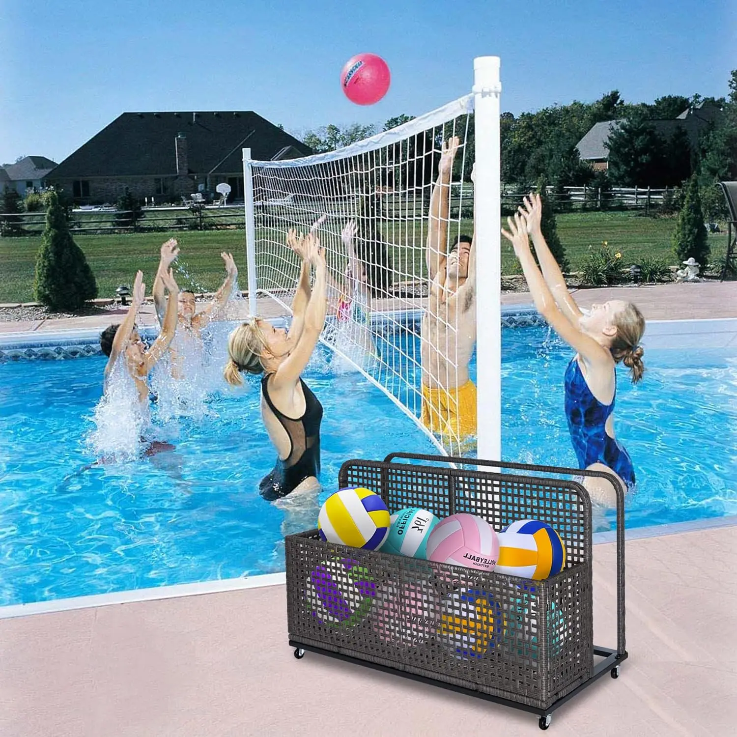 Poolside Float Storage,Patio Poolside Float Storage Basket,PE Rattan Outdoor Pool Caddy with Rolling Wheels for Patio Pool Beach