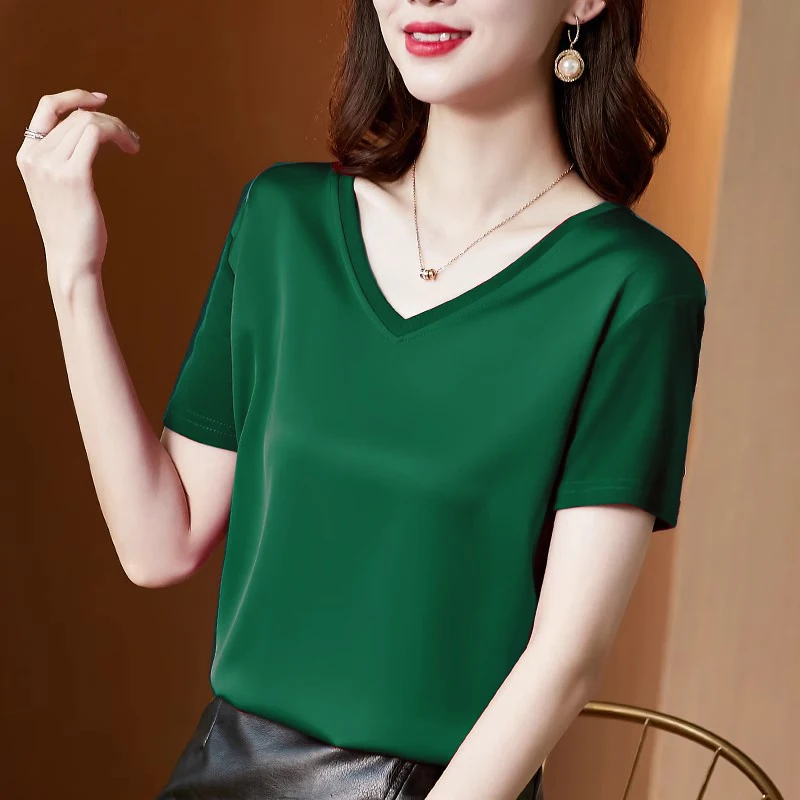 Satin Silk Women\'s T-Shirts V-neck Solid Causal Tops Office Lady Short Sleeve Tees 2024 Summer women korean popular clothes