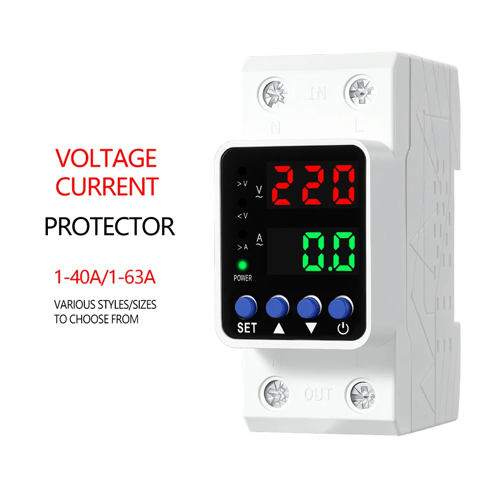 Protetor de Corrente de Sobretensão e Subtensão Ajustável DIN 40A 63A AC 230V Interruptor de Proteção de Tensão Digital com Auto-Redefinição