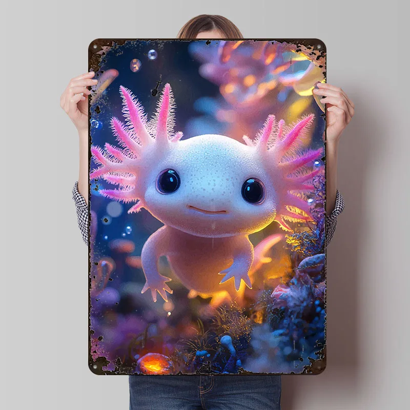 Cute Axolotl in Underwater World Printed Posters Customizable Wall Art Retro Vintage Metal Tin Signs for Home Room Wand Deko