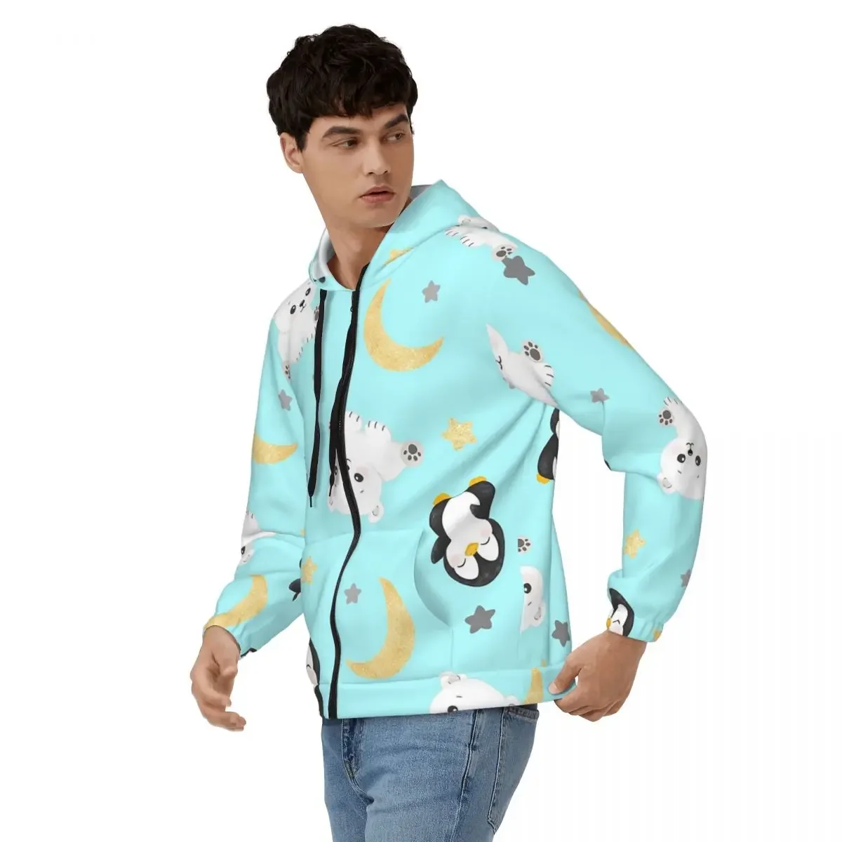 Simpatico animale pinguino orso polare stelle e luna cerniera felpa con cappuccio Harajuku pullover autunno inverno felpa top a maniche lunghe