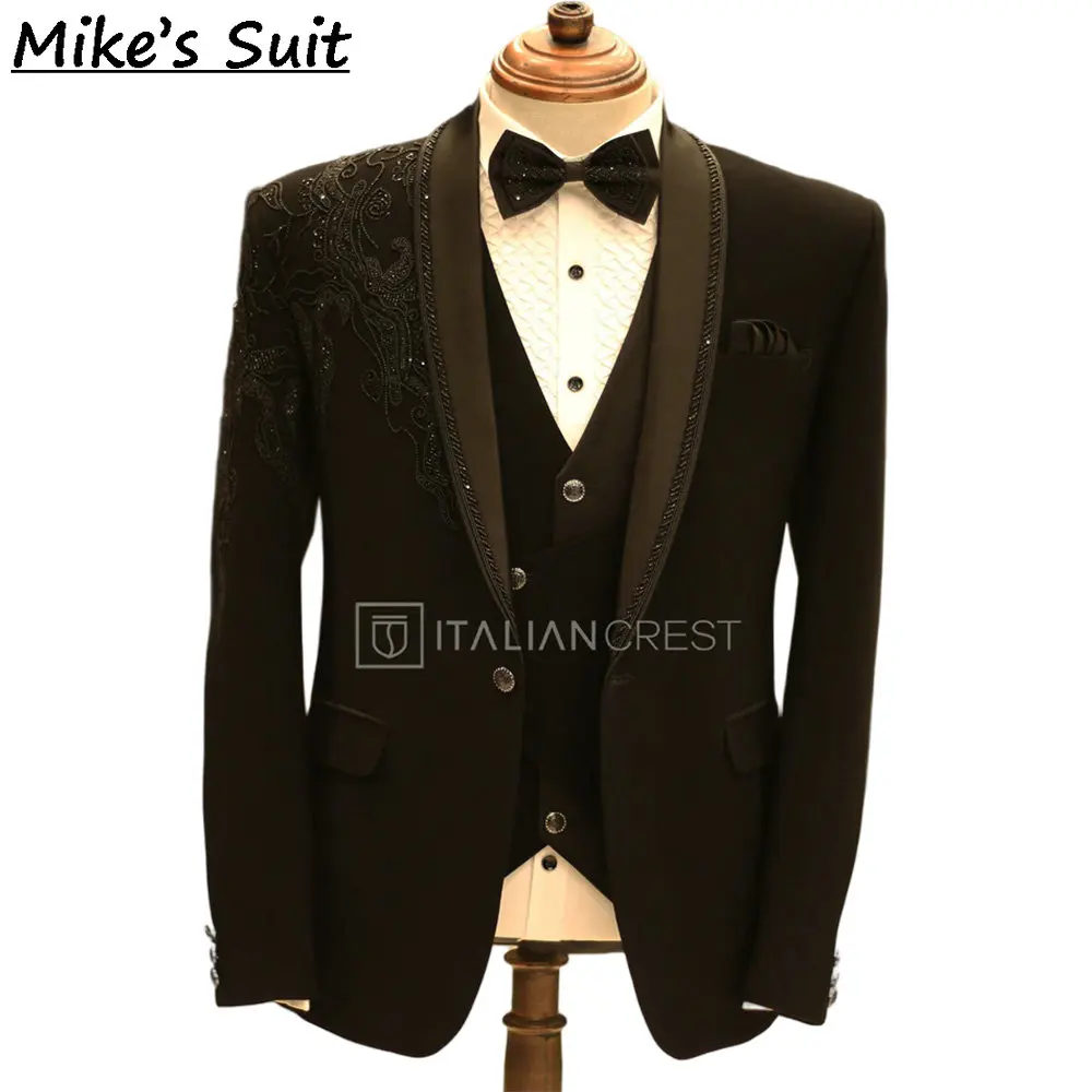 Black Appliques Beading Men's Suit 2 Pieces Set Wedding Groom Man Suits Slim Fit Tuxedo Business Party Outfit