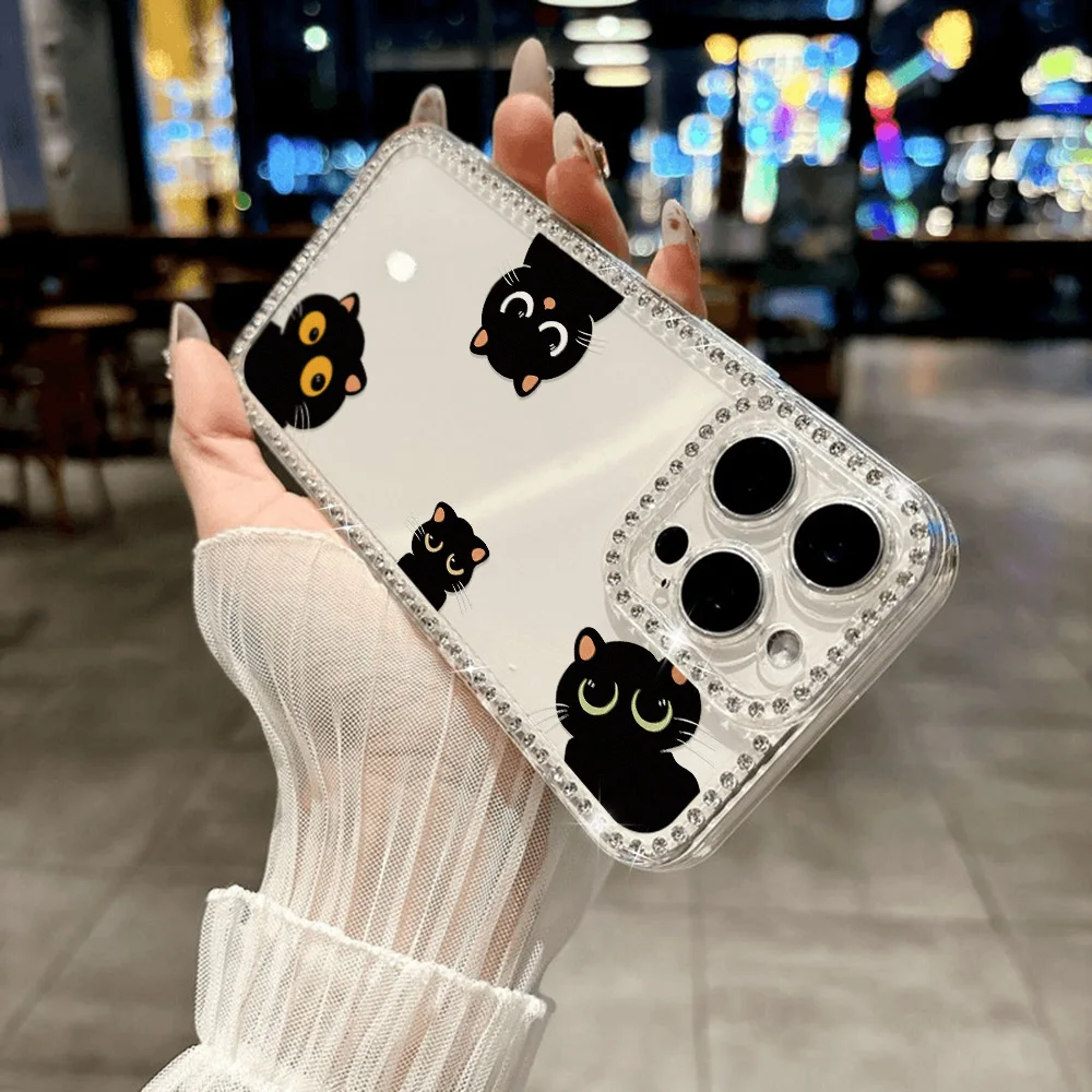 Diamond Lanyard Phone Case For iPhone 17 16 Pro Max 11 13 15 14 12 Air 17promax Transparent Shockproof Cat Painted Cover Funda