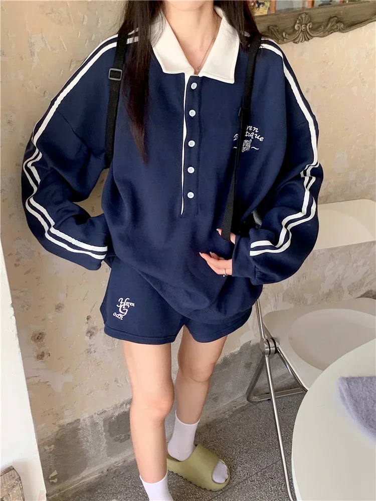 ADAgirl Striped Patchwork Hoodies Women Navy Turndown Collar Oversized Sweatshirt Sporty Chic Autumn Korean Uniform Clothes Chic