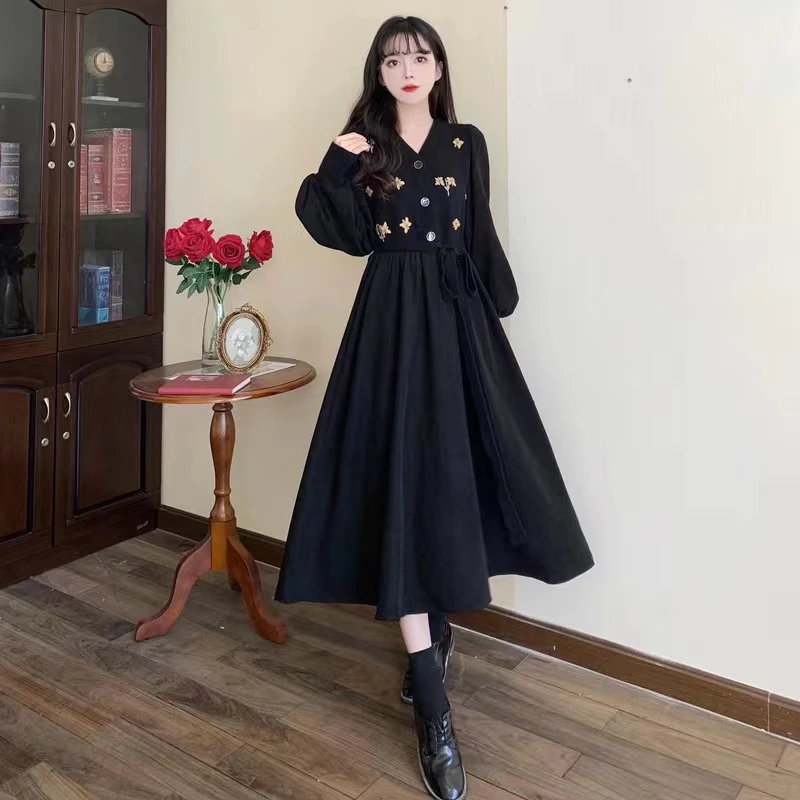 Fall Faion Long Slimming Hepburn Sle Bla Dr Women's High Waist A-Line Skirt Ele Dr Casual V-Ne Long Sve