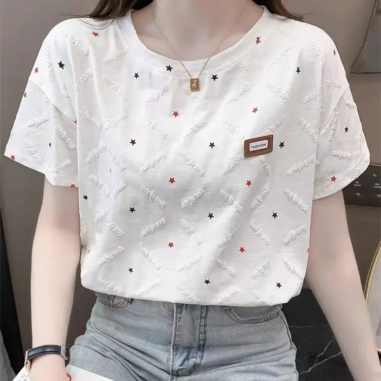 Chic Short Sleeve T-Shirt 2023 Summer  Women\'s Loose White  Top Letter Print Three-dimensional Decoration