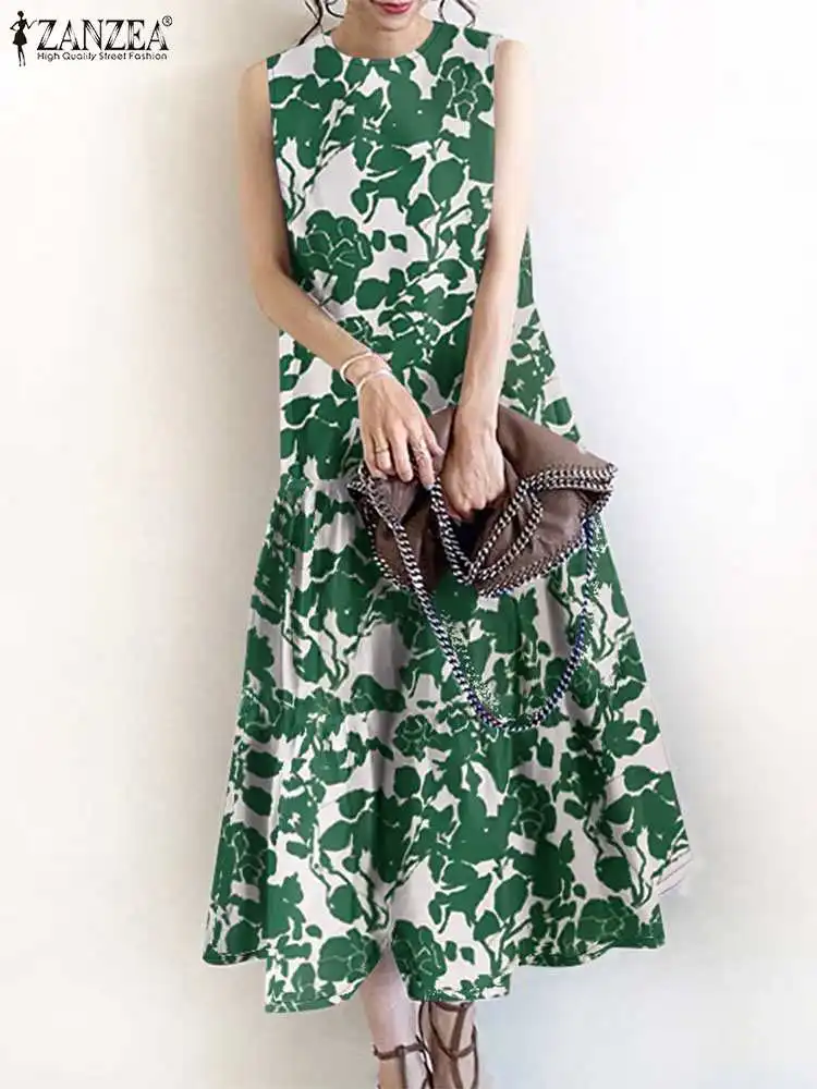 ZANZEA Summer Floral Printed Sundress Women Fashion Party Ruffles Hem Vestido Bohemian Sarafans Sleeveless Holiday Midi Dress