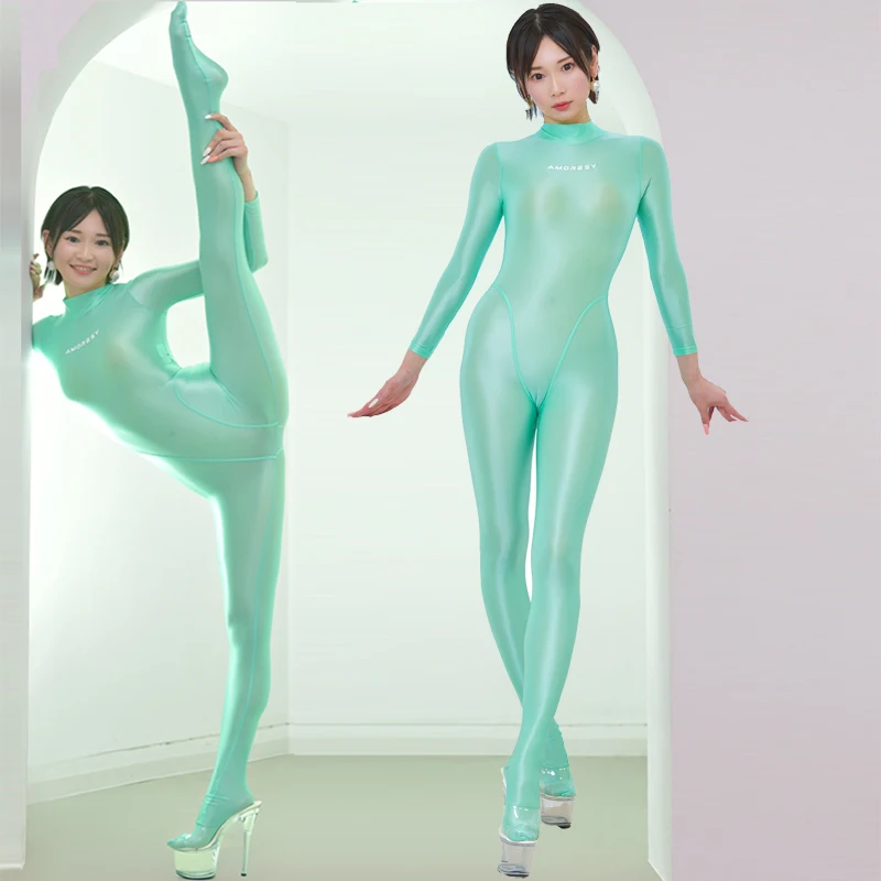 AMORESY Sexy WOMEN Glossy see through Tights Cosplay One Piece Jumpsuit Yoga Fitness Bodysuit Surfing Leotards Wetlook Catsuits