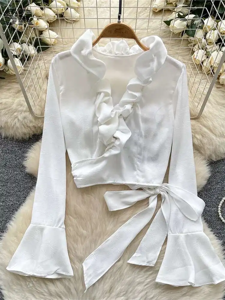 

BabYoung Senior Basics Блузка Женская с расклешенными рукавами и V-образным вырезом на шнуровке Дизайн Нерегулярные съедобные деревянные грибки Тонкие складки в стиле суда Шикарные топы