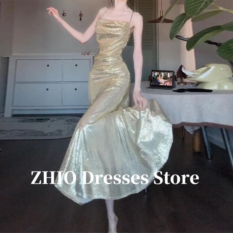ZHIO Sparkly Gold Mermaid Evening Party Dresses Champagne Glitter Ankle Length Slim Lady Formal Prom Gowns Customized Straps