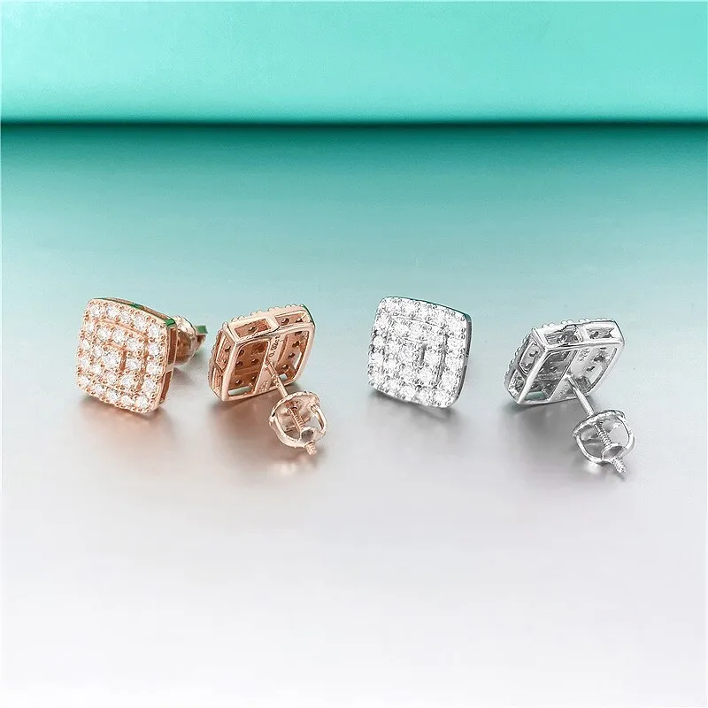 Hip Hop Jewelry Square Ear Studs VVS Moissanite Diamond Stud Earrings 925 Silver Wedding Jewelry Men Women